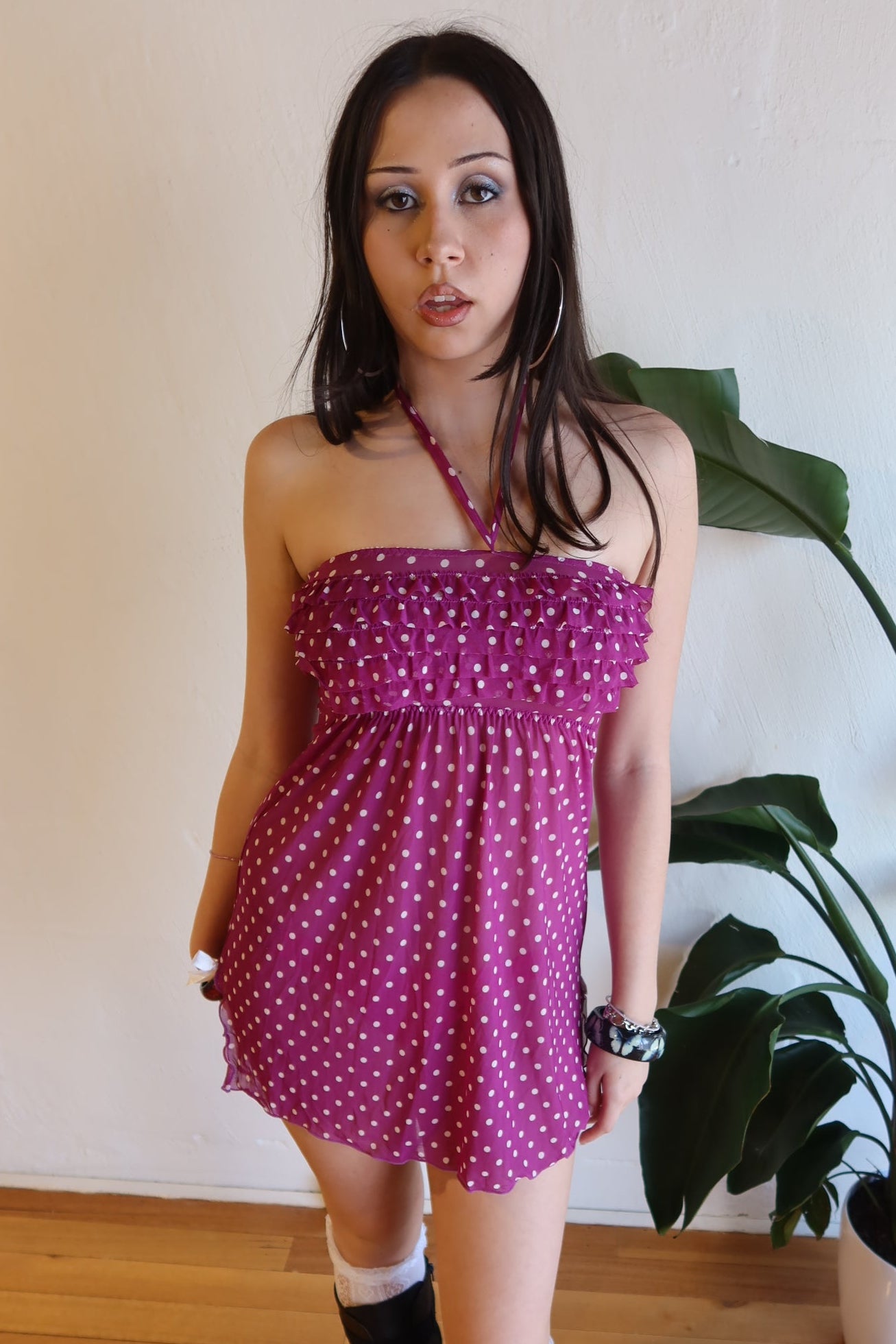 Purple Polka Dot Halter Mini Dress