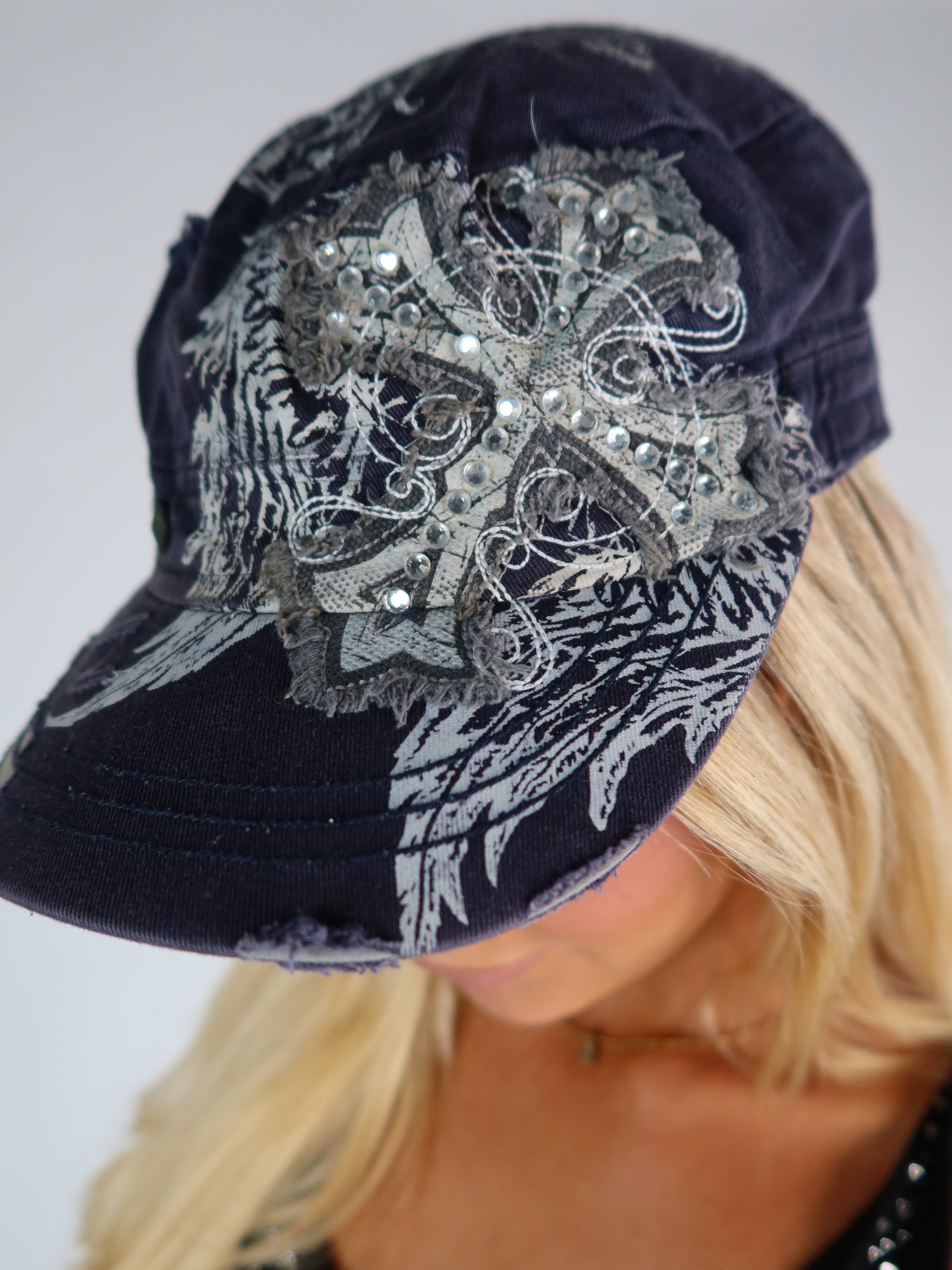 Navy Rhinestone Cross Cap