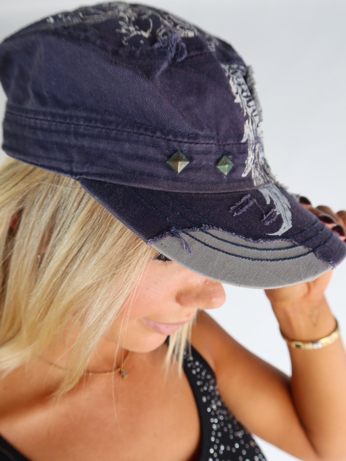 Navy Rhinestone Cross Cap