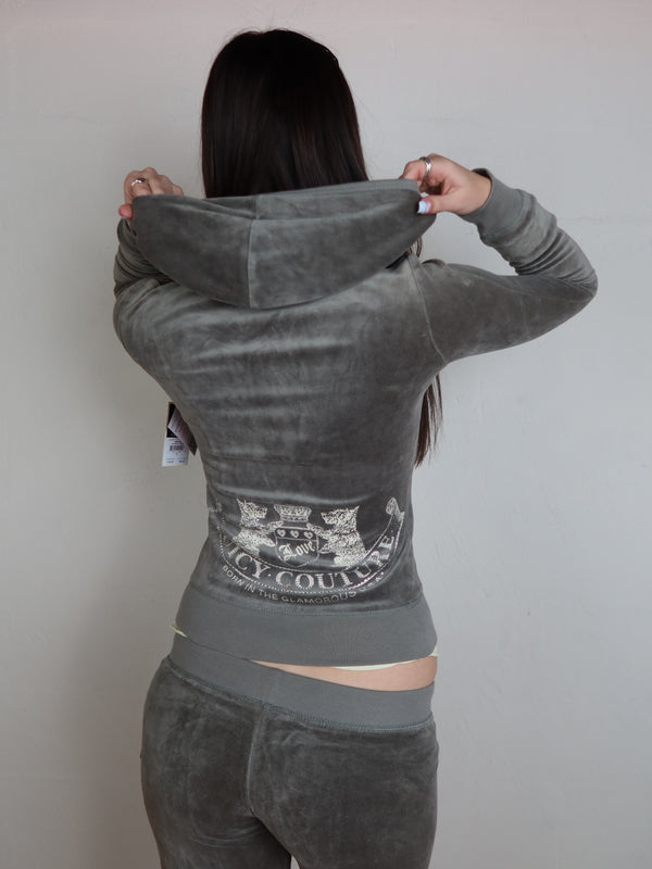 Vintage Juicy Couture grey tracksuit set, Y2K resale clothing at Brat's Closet.
