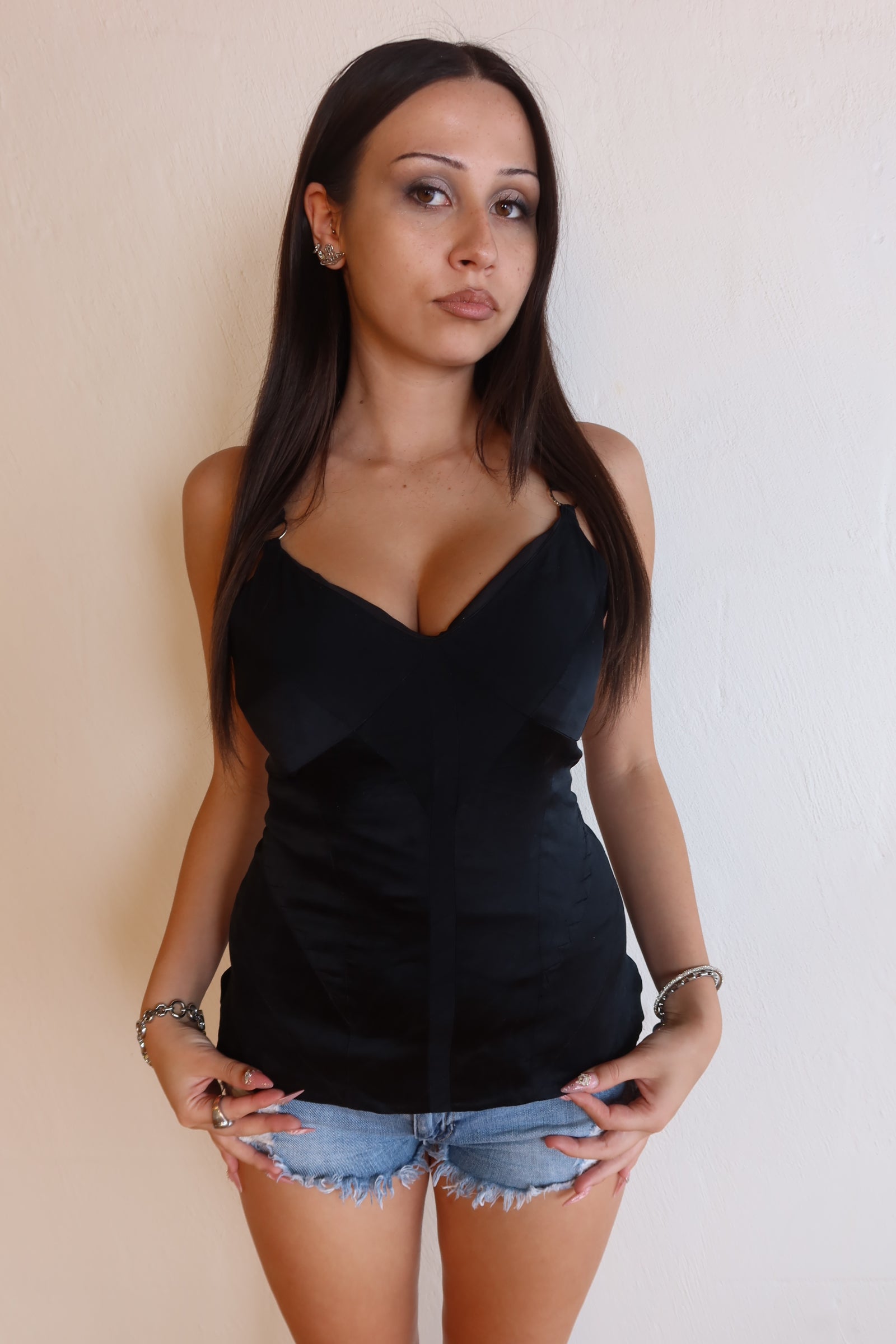 00s Black Lace Up Top S