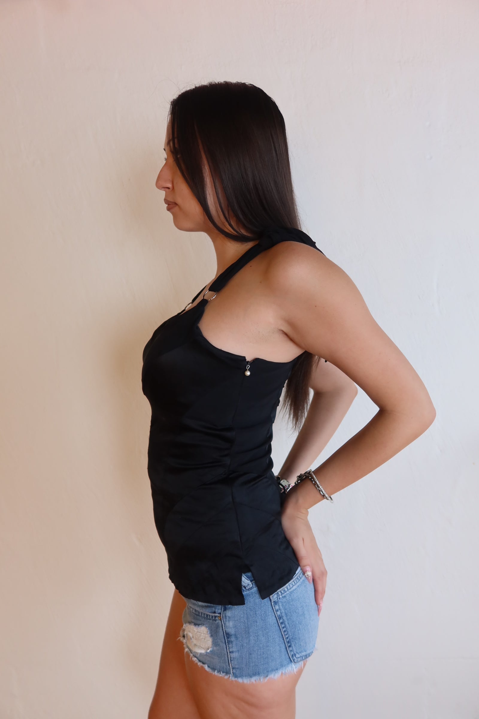 00s Black Lace Up Top S