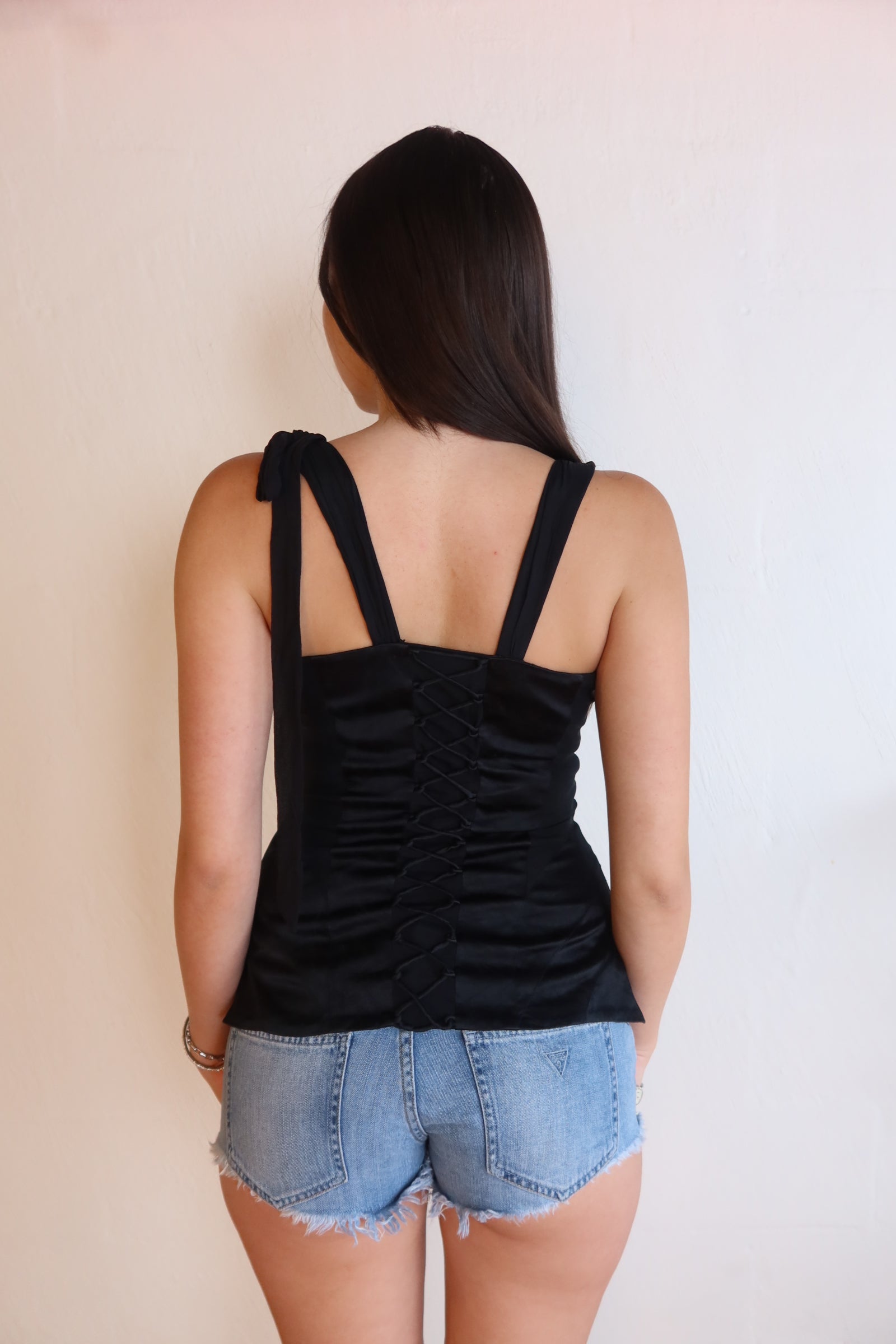 00s Black Lace Up Top S