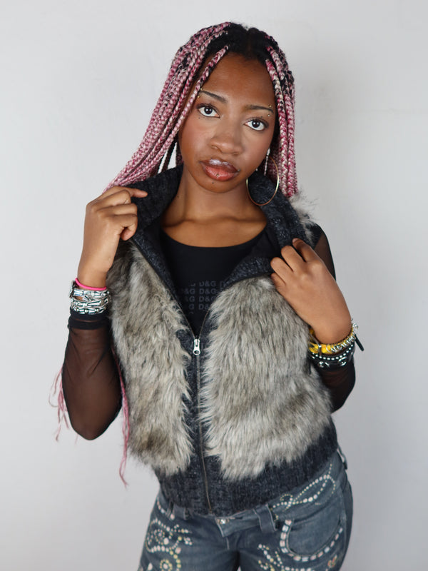 Vintage Y2K fur vest jacket, resale clothing at Brat's Closet.