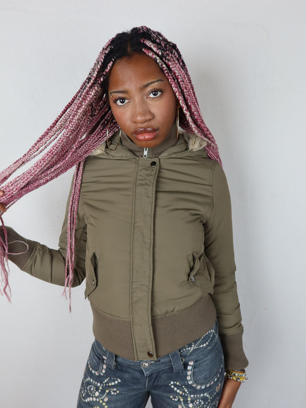Vintage Y2K khaki fur jacket, resale clothing at Brat's Closet.