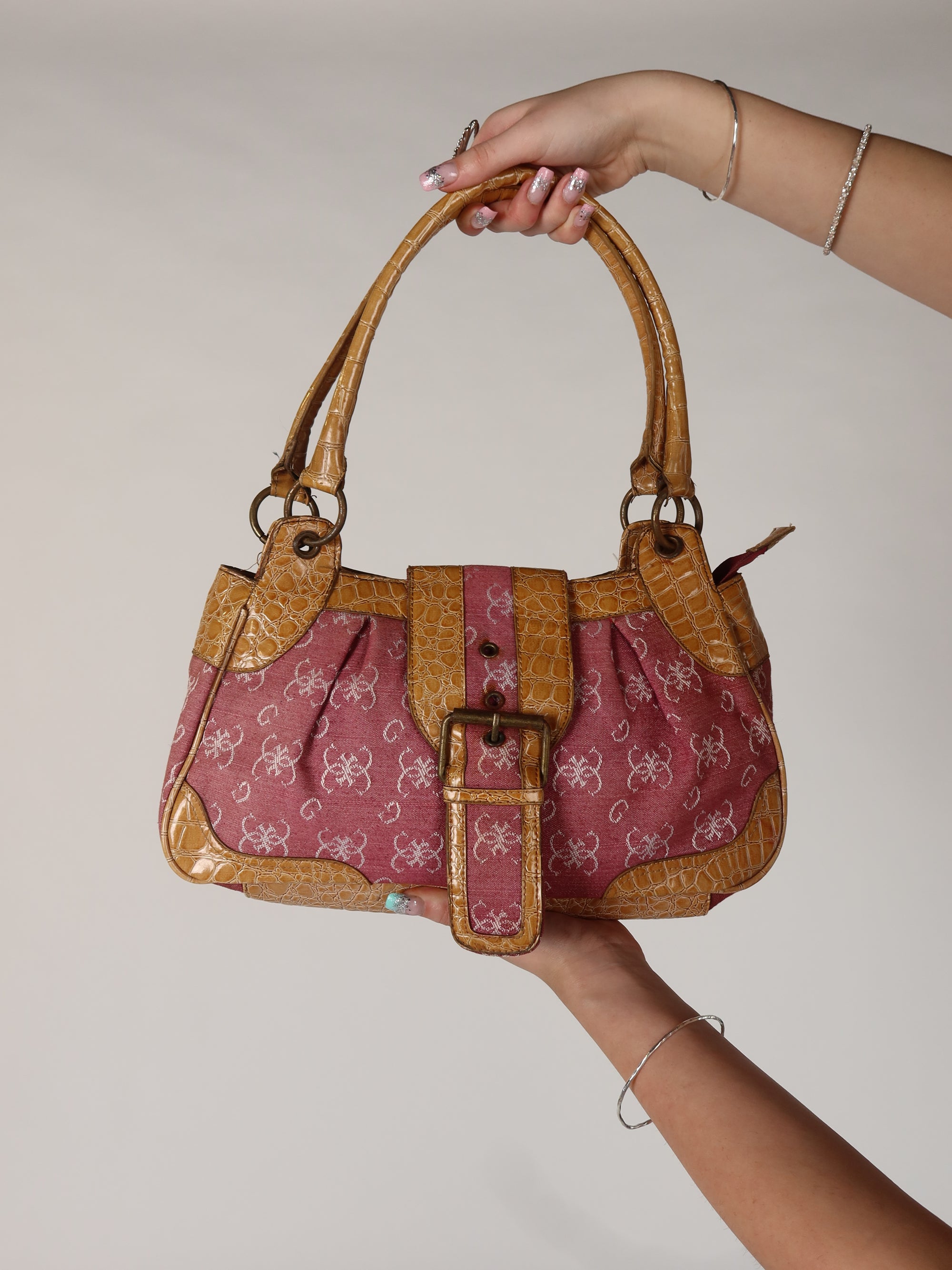 Guess Pink Monogram Buckle Shoulder Bag