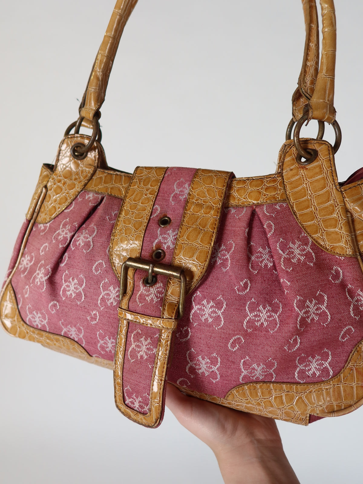 Guess Pink Monogram Buckle Shoulder Bag