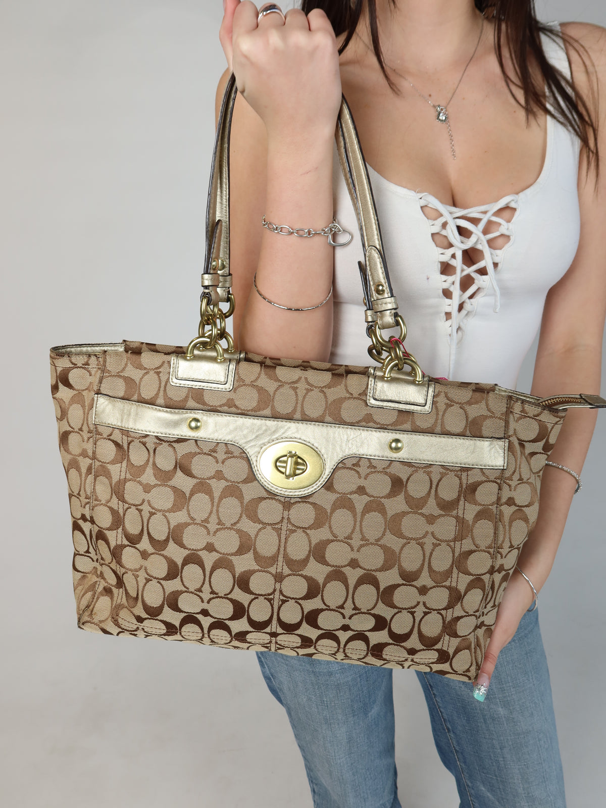 Coach Signature Gold Turn-Lock Tote Bag