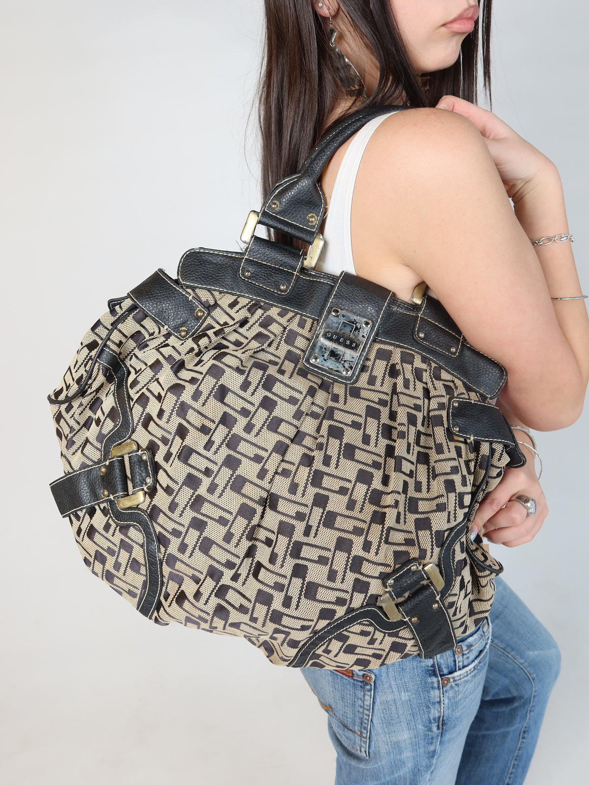 Guess Monogram Buckle Bowler Bag