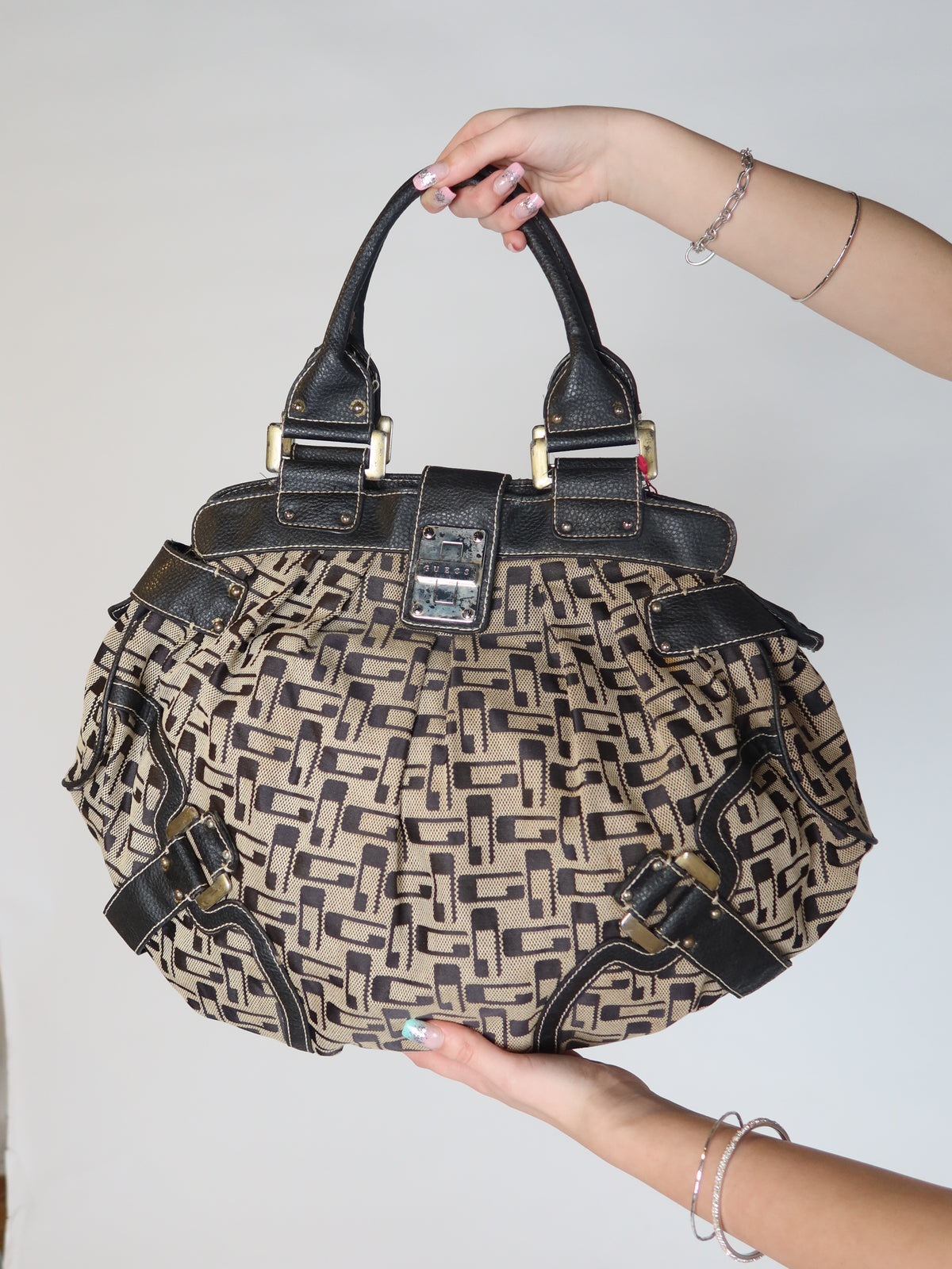 Guess Monogram Buckle Bowler Bag