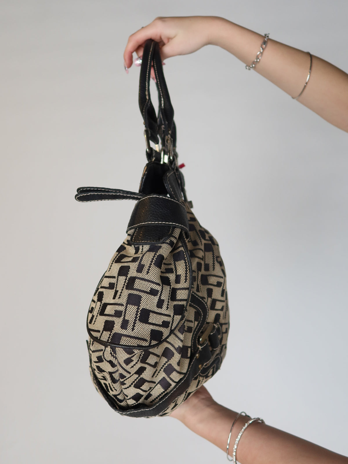 Guess Monogram Buckle Bowler Bag