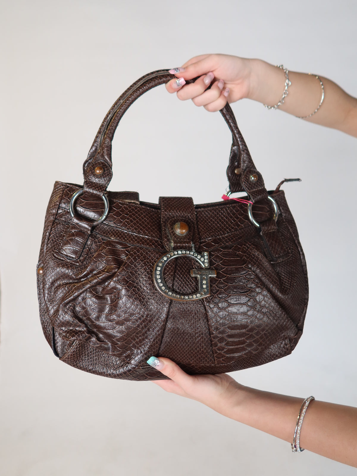 Guess Brown Snakeskin Studded Hobo Bag