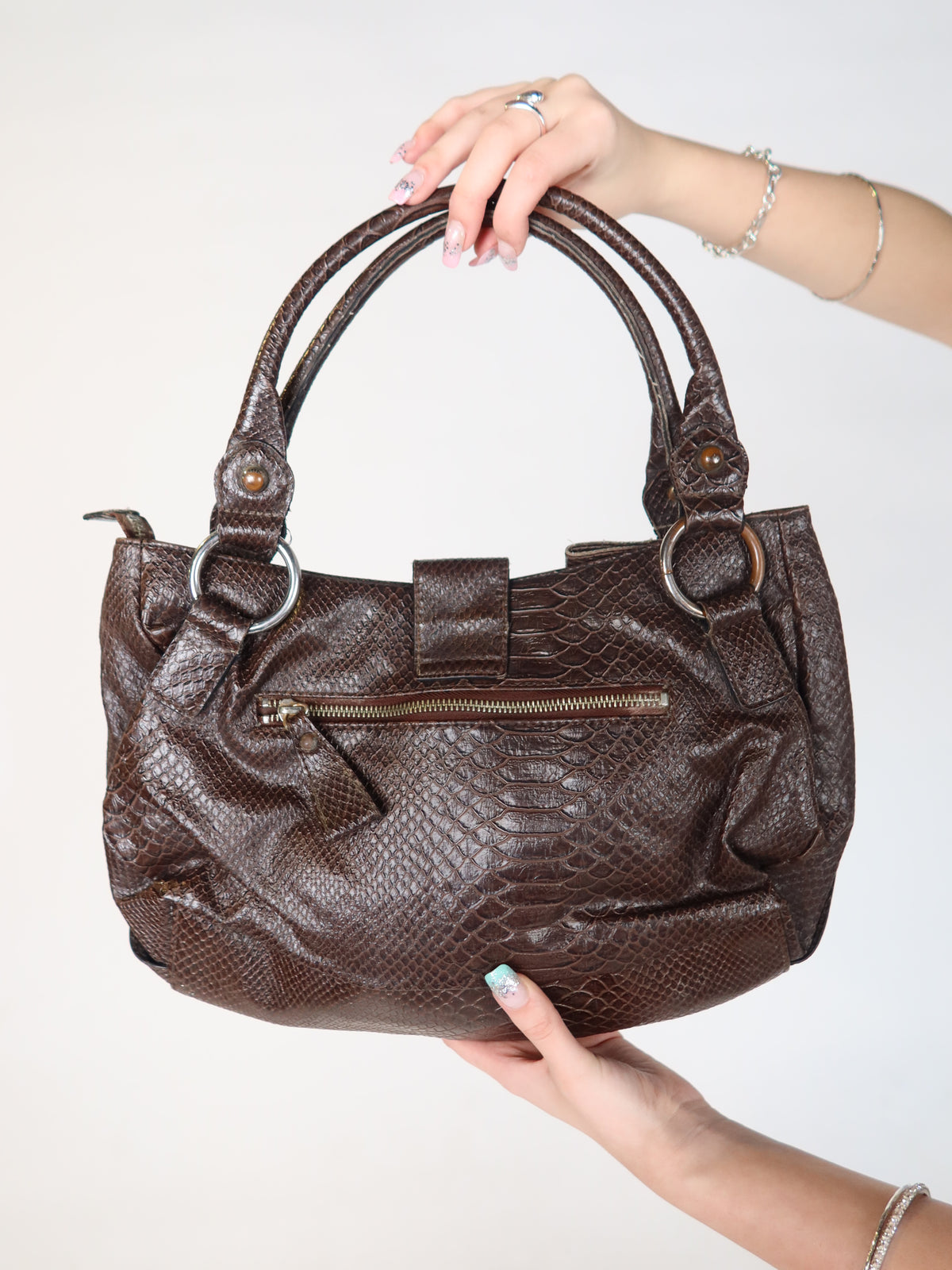Guess Brown Snakeskin Studded Hobo Bag