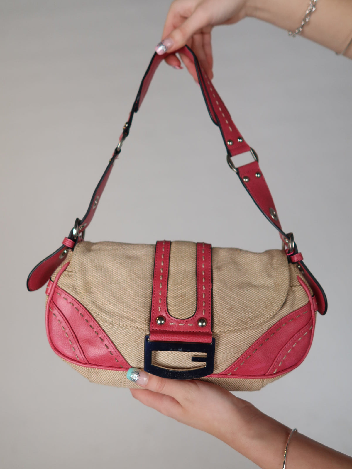 Guess Canvas Pink Trim Baguette Bag