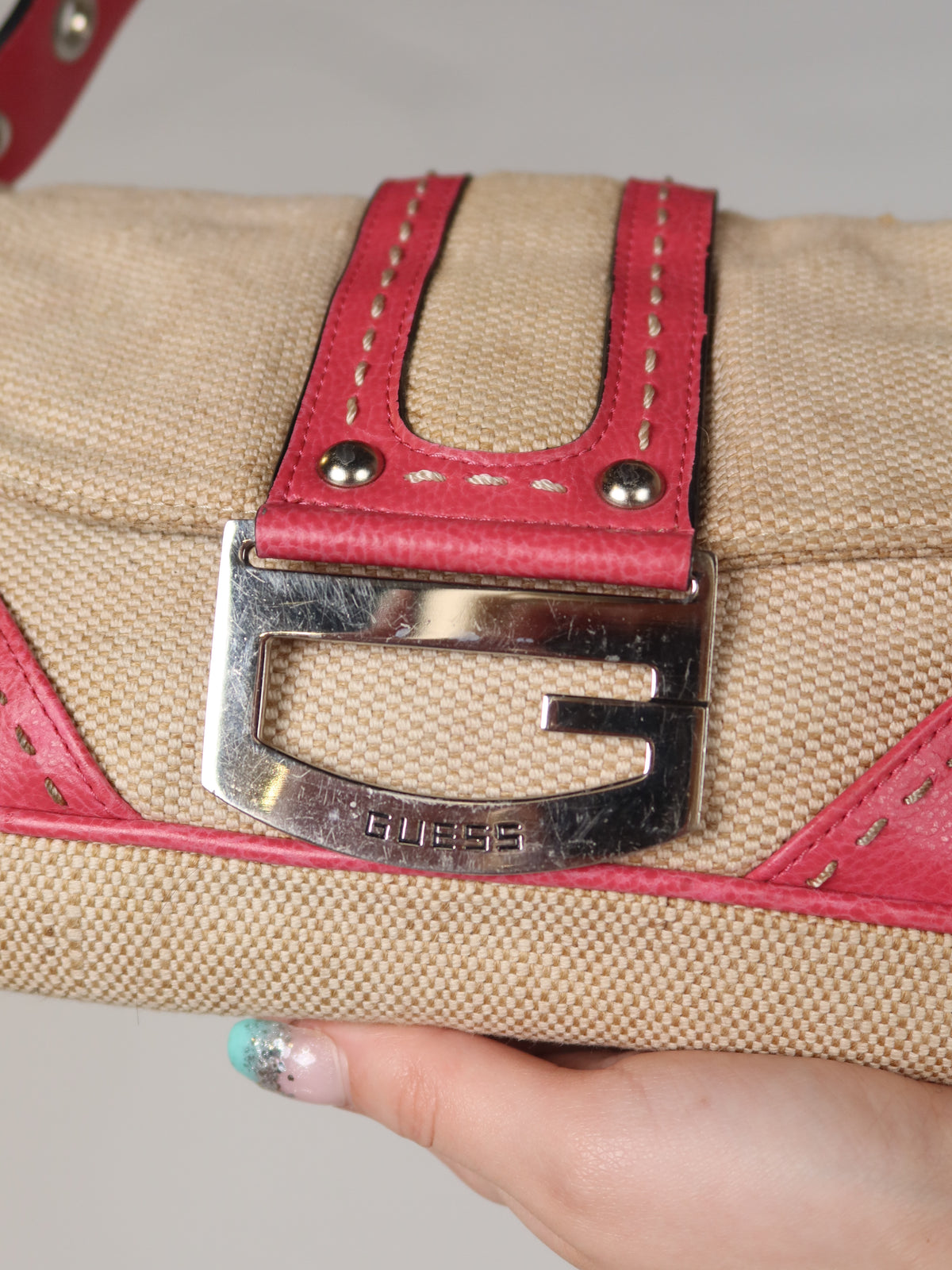Guess Canvas Pink Trim Baguette Bag