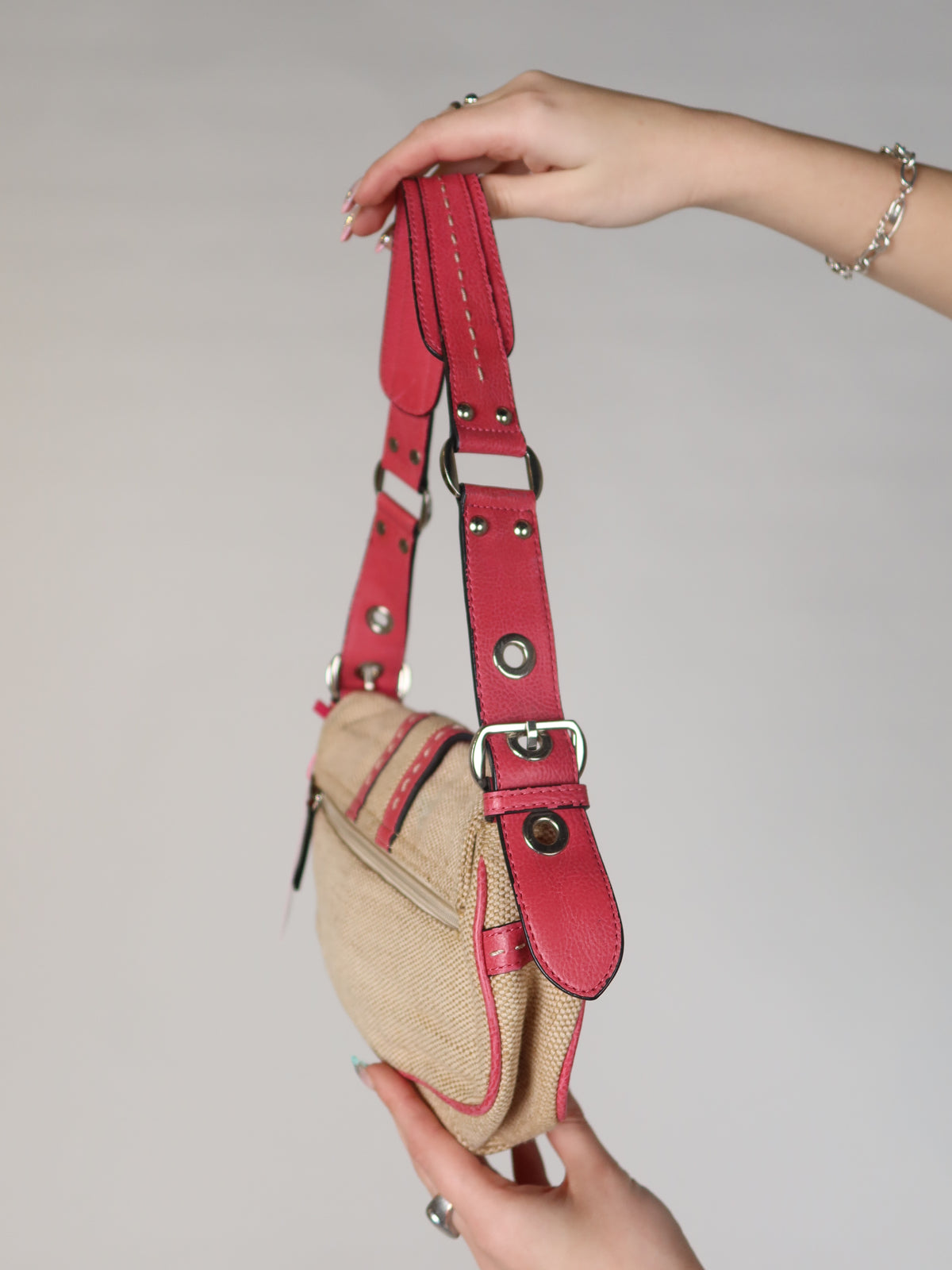 Guess Canvas Pink Trim Baguette Bag