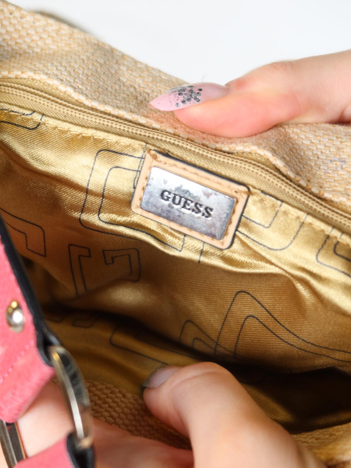 Guess Canvas Pink Trim Baguette Bag