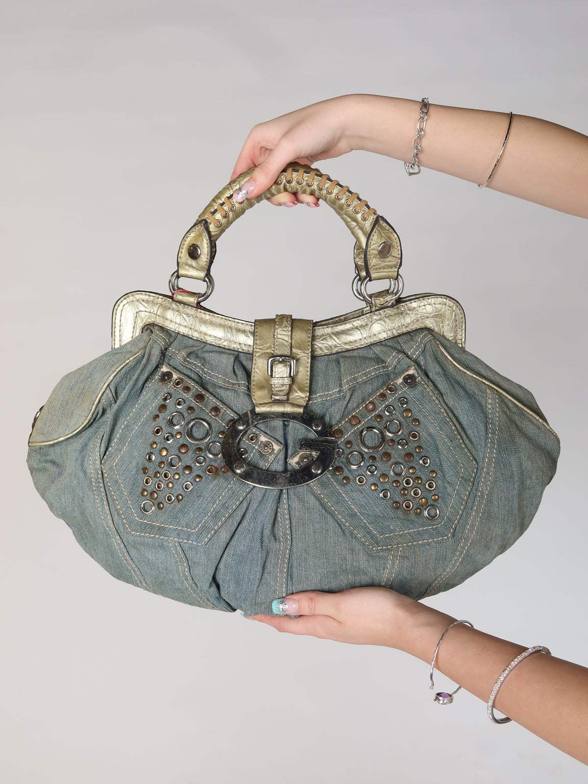 Guess Denim Studded Gold Trim Bag