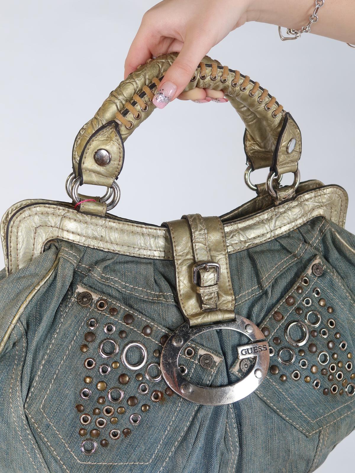 Guess Denim Studded Gold Trim Bag