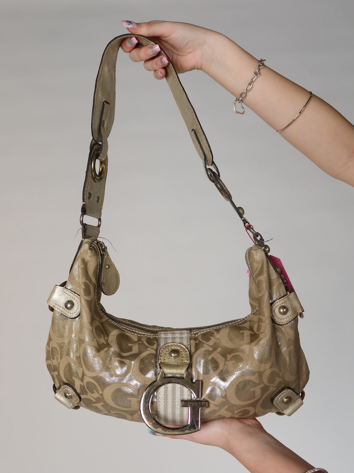 Guess Gold Metallic Monogram Baguette Bag