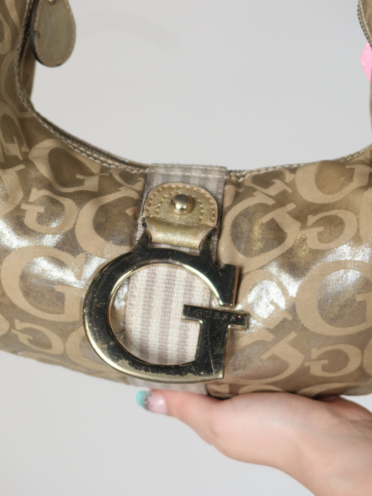 Guess Gold Metallic Monogram Baguette Bag
