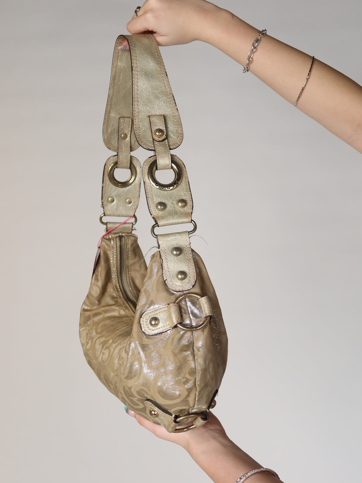 Guess Gold Metallic Monogram Baguette Bag
