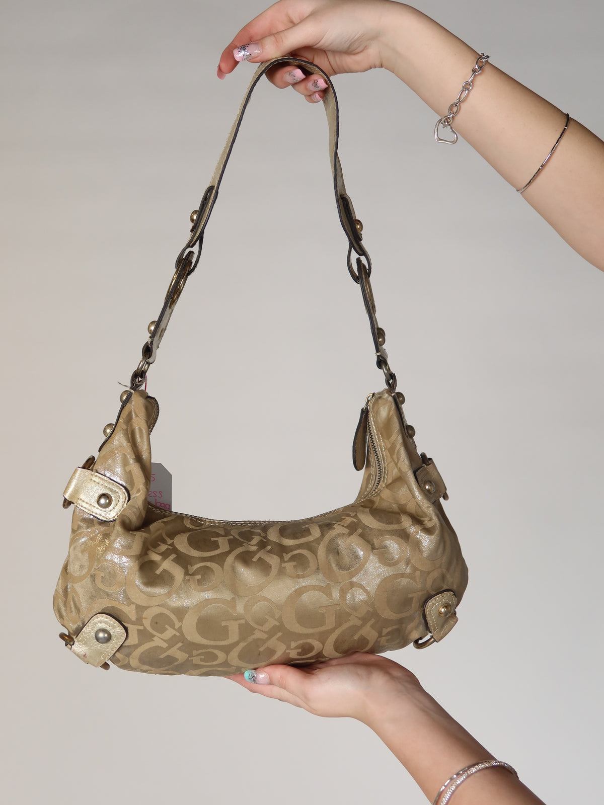 Guess Gold Metallic Monogram Baguette Bag