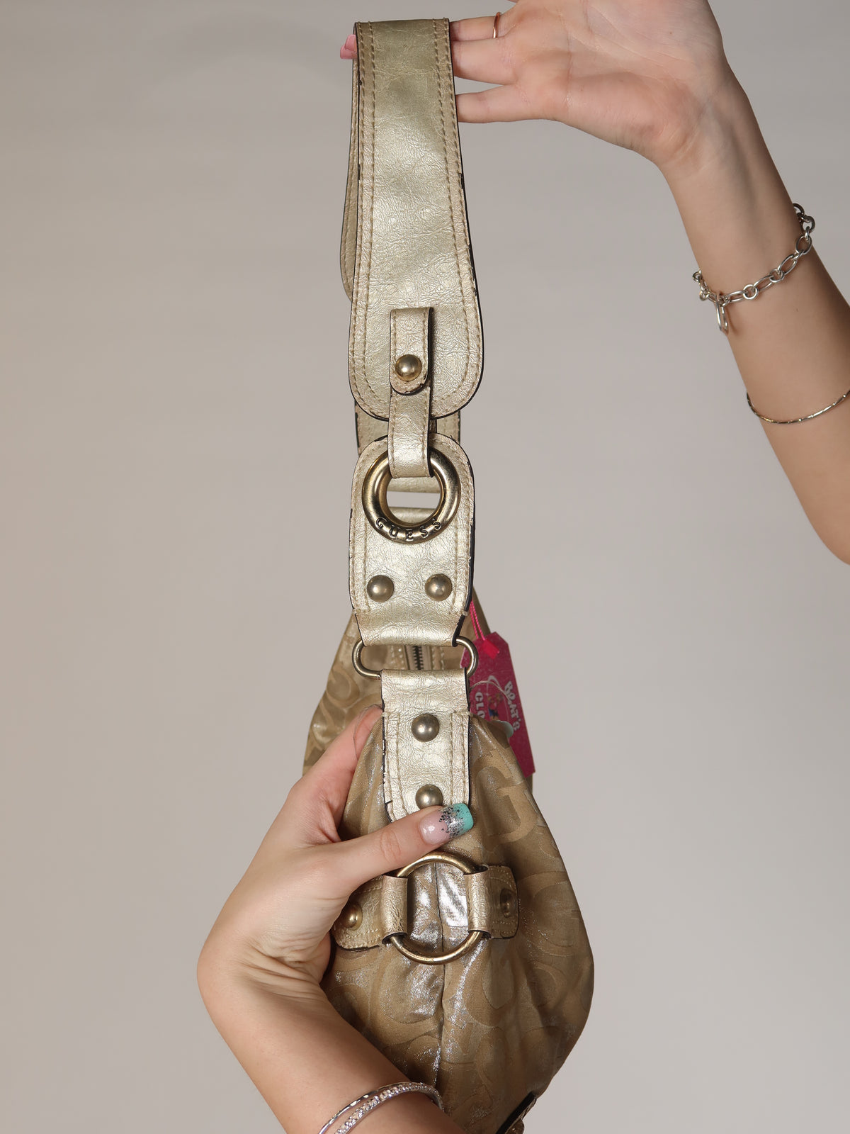 Guess Gold Metallic Monogram Baguette Bag