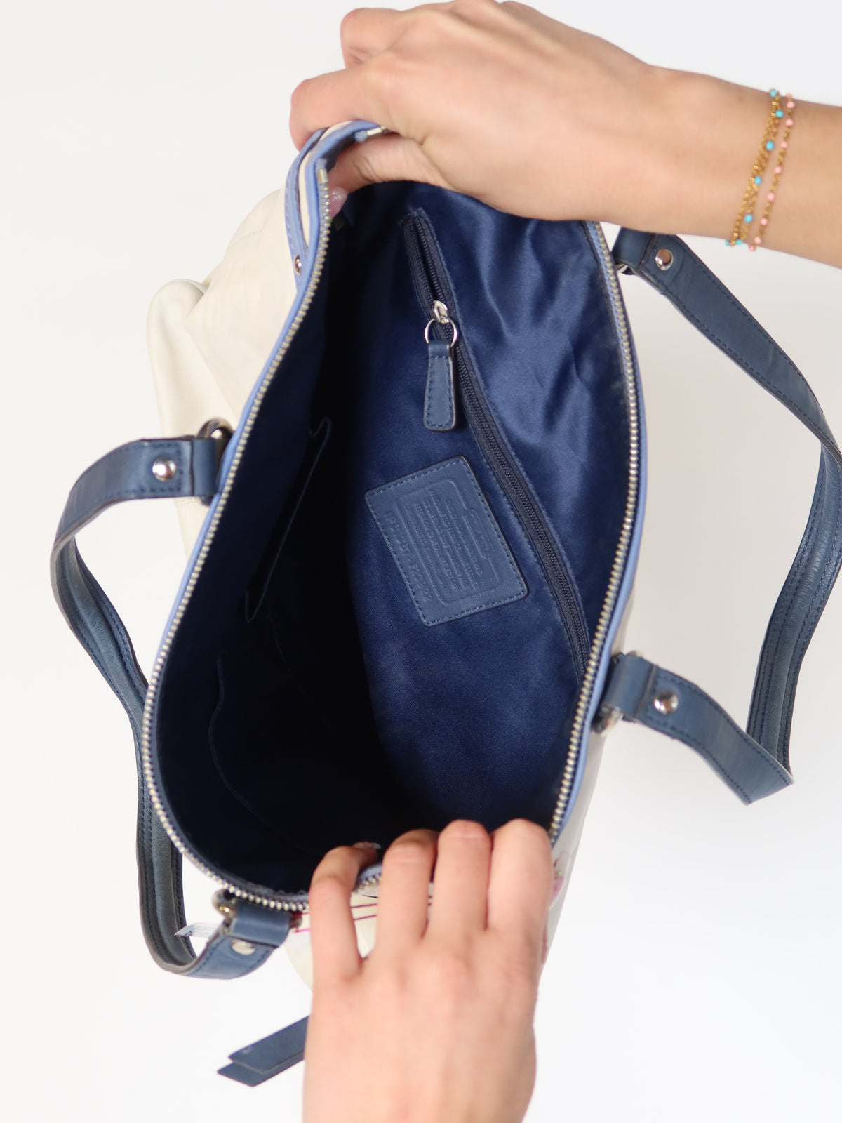 Coach Cream & Blue Leather Tote Bag