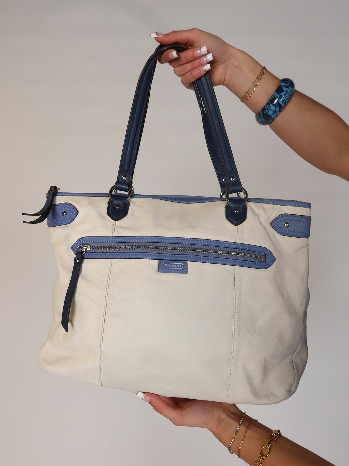 Coach Cream & Blue Leather Tote Bag