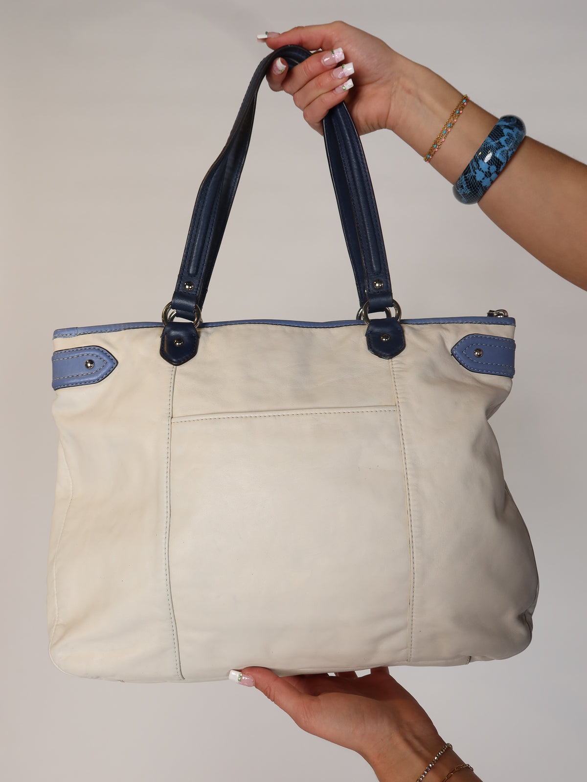 Coach Cream & Blue Leather Tote Bag