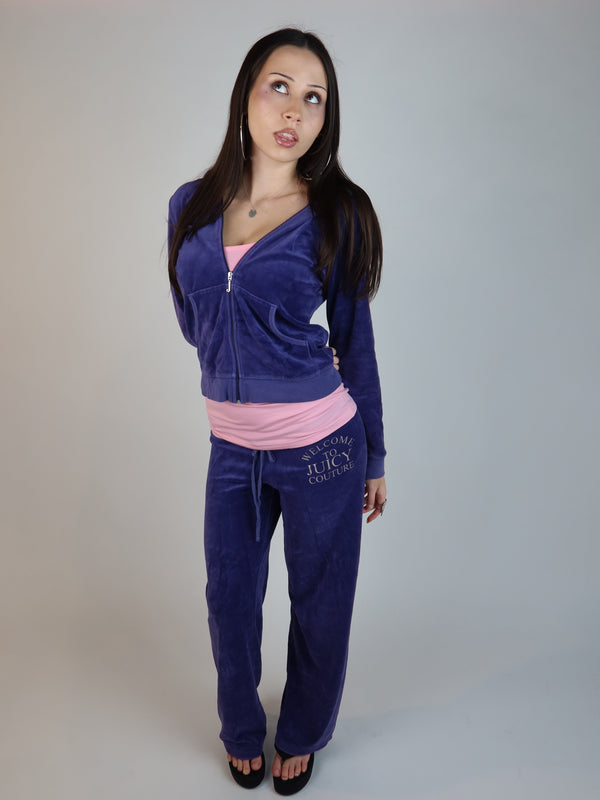Vintage Juicy Couture purple velour set, Y2K resale clothing at Brat's Closet.