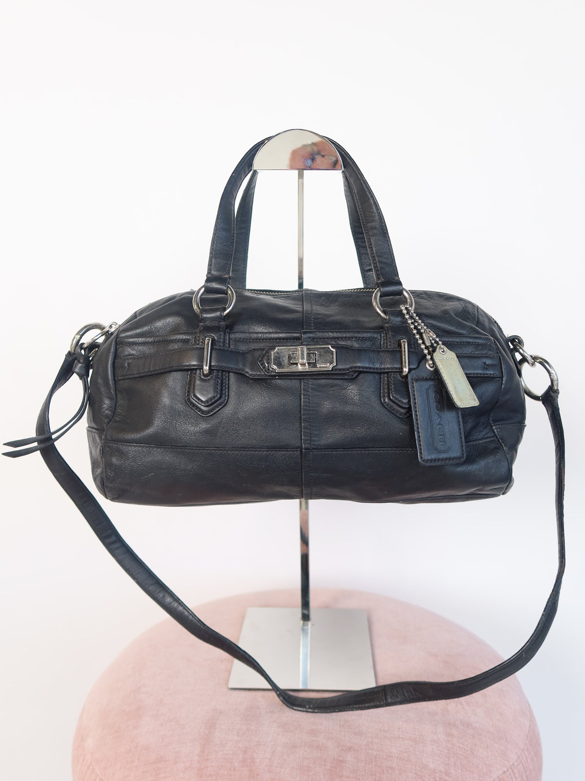 Coach Black Leather Turn-Lock Bag