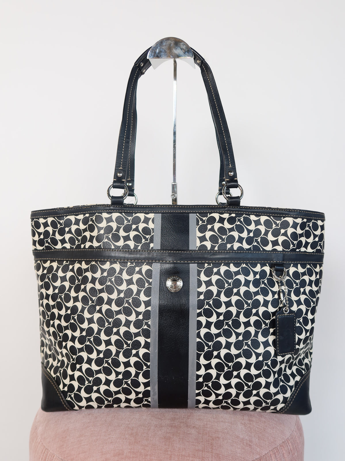 Coach Black & Cream Signature Stripe Tote Bag