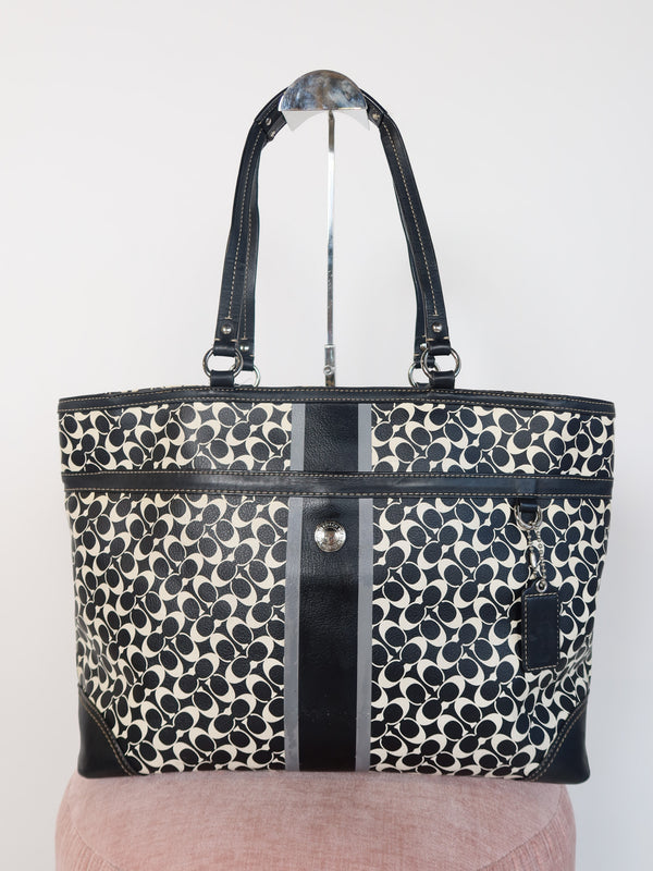Coach Black & Cream Signature Stripe Tote Bag