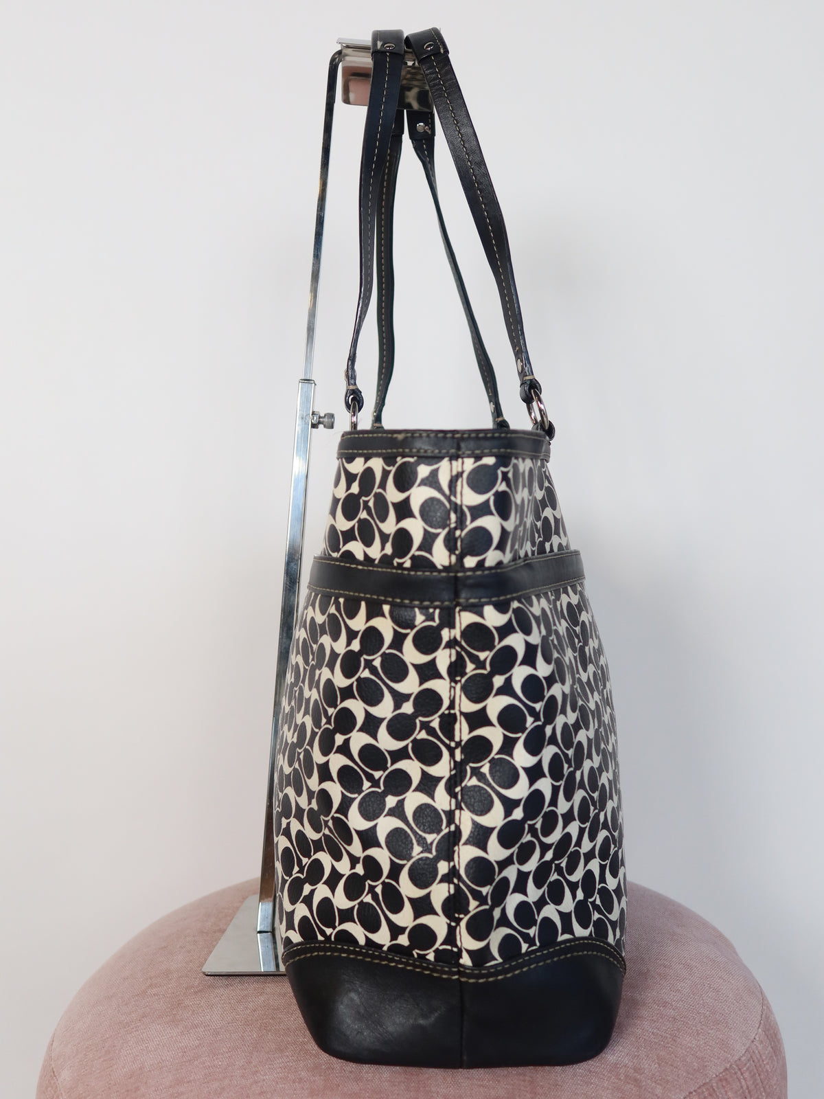 Coach Black & Cream Signature Stripe Tote Bag