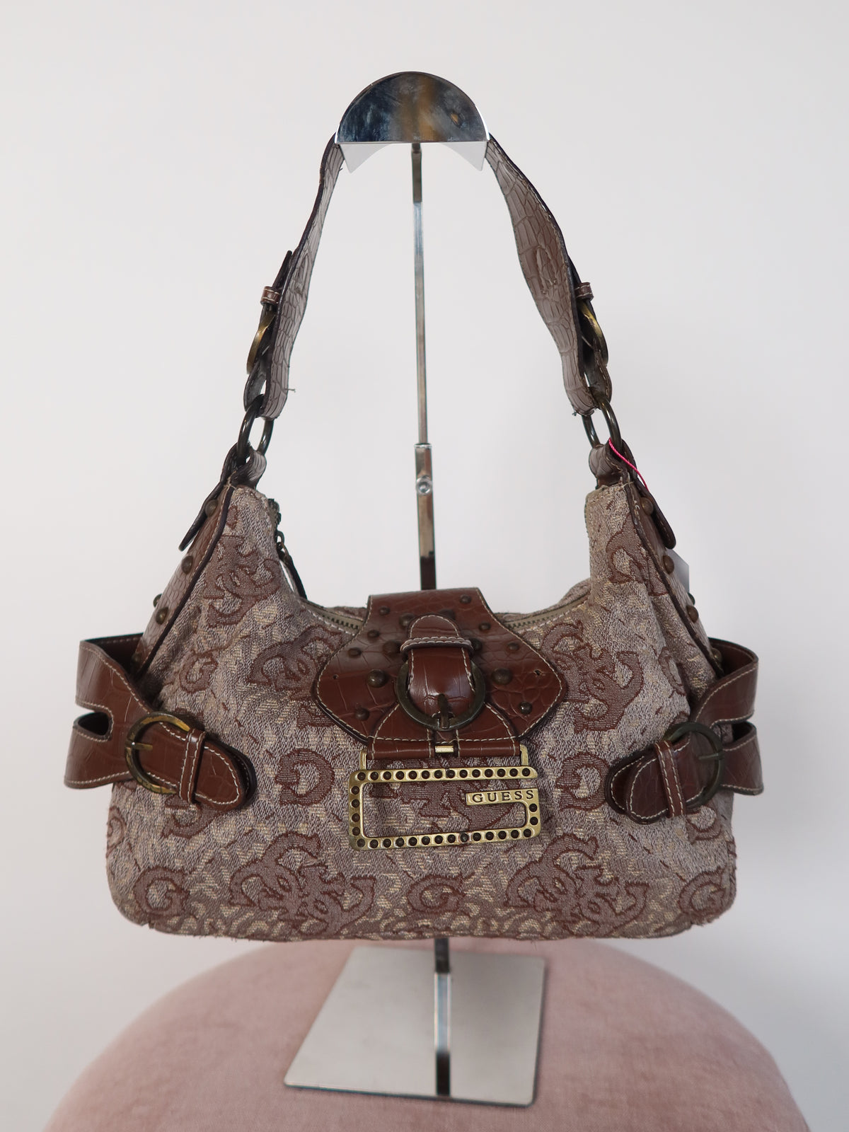 Guess Brown Monogram Croc Trim Shoulder Bag