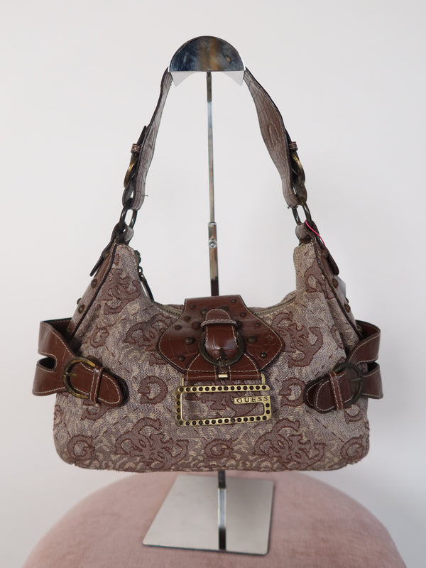 Guess Brown Monogram Croc Trim Shoulder Bag