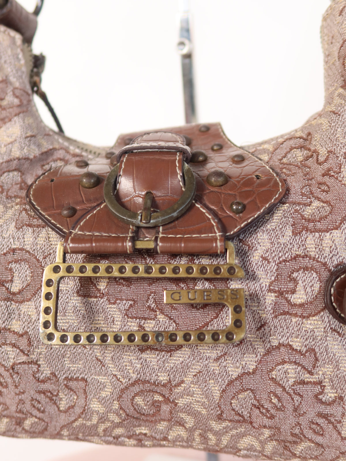 Guess Brown Monogram Croc Trim Shoulder Bag