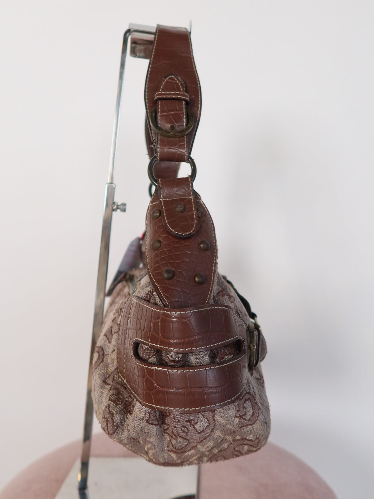 Guess Brown Monogram Croc Trim Shoulder Bag