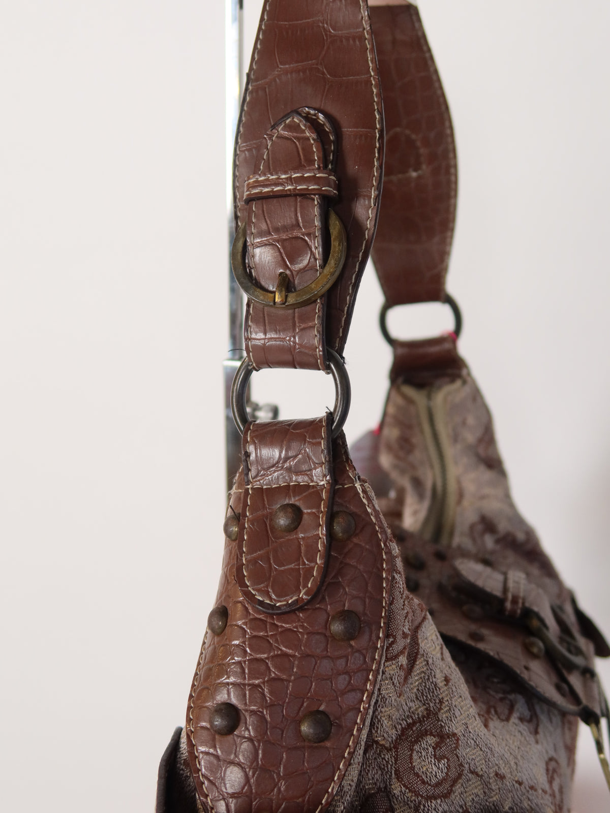 Guess Brown Monogram Croc Trim Shoulder Bag