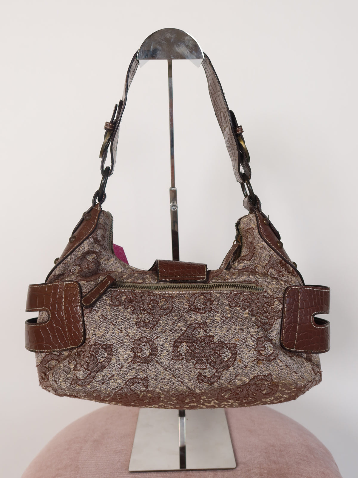 Guess Brown Monogram Croc Trim Shoulder Bag