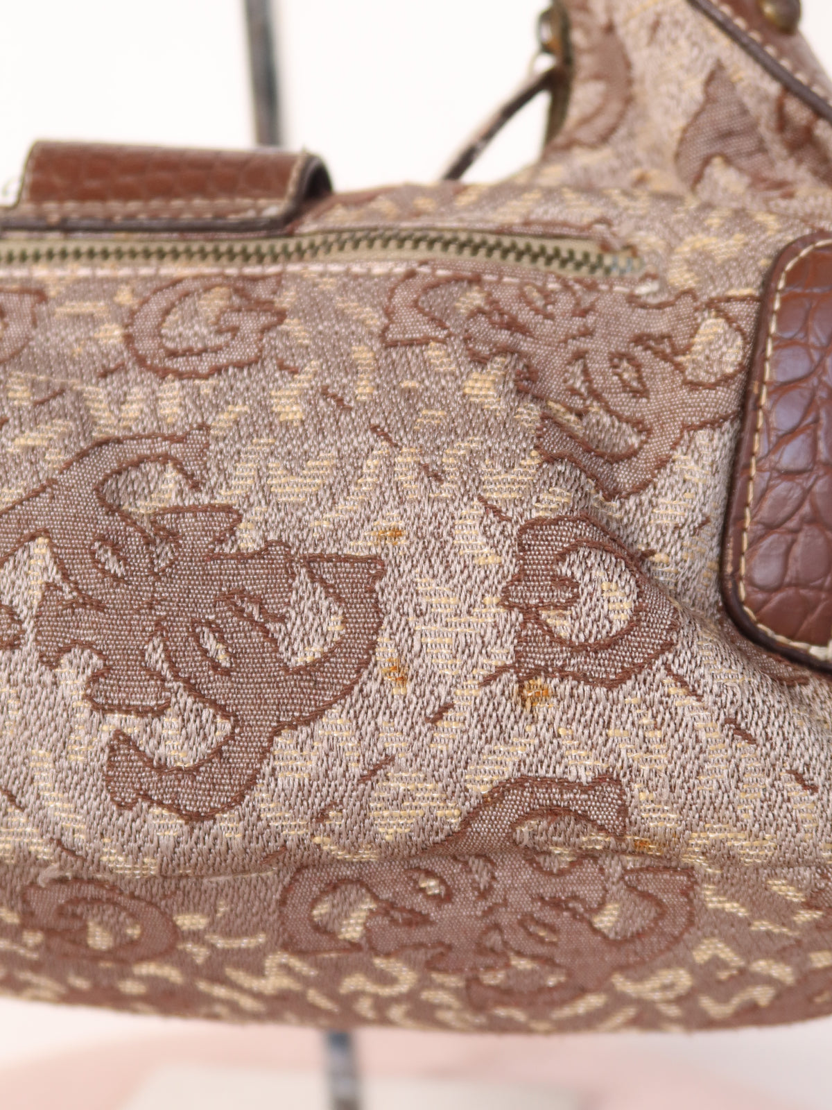 Guess Brown Monogram Croc Trim Shoulder Bag