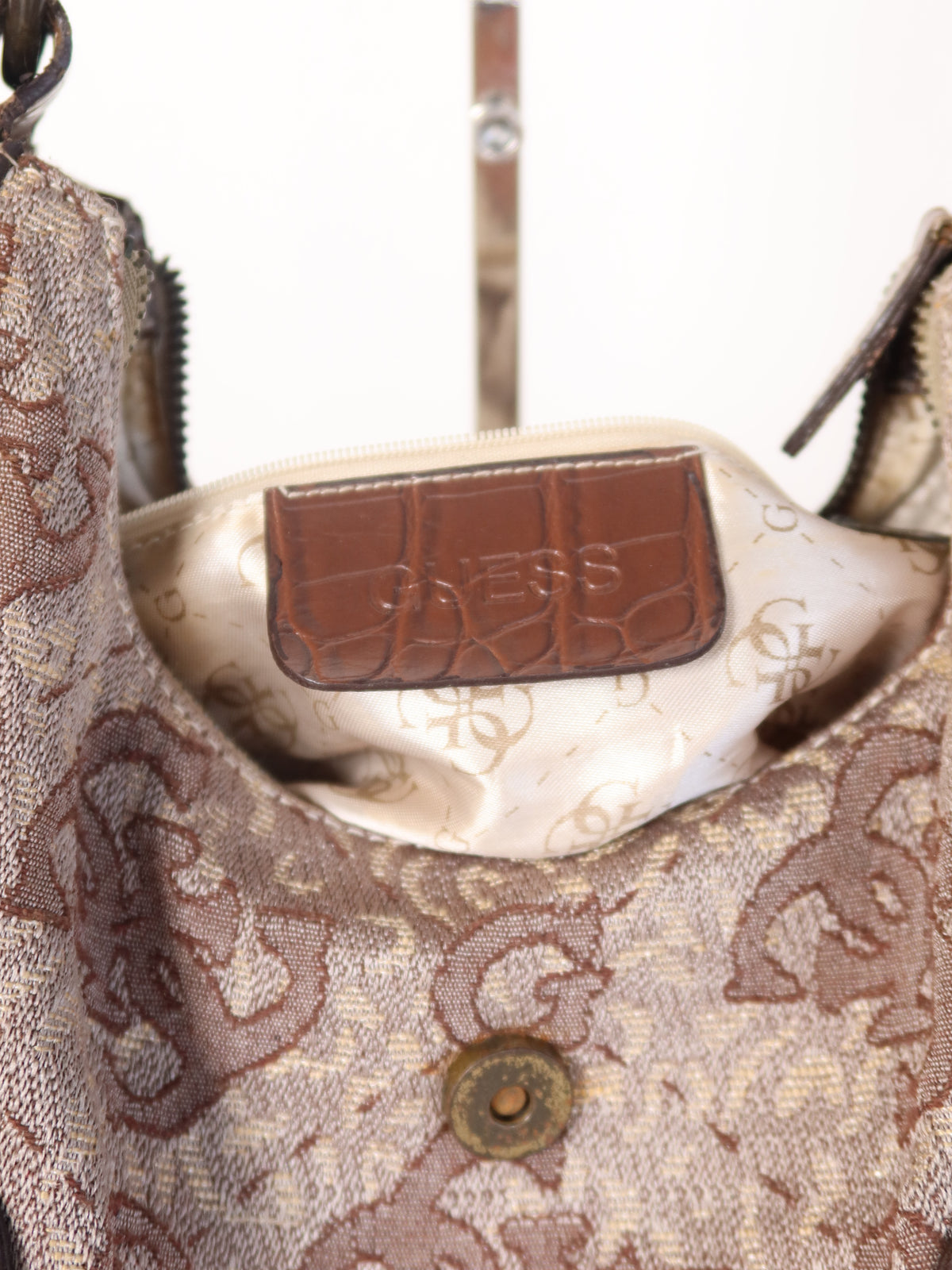 Guess Brown Monogram Croc Trim Shoulder Bag