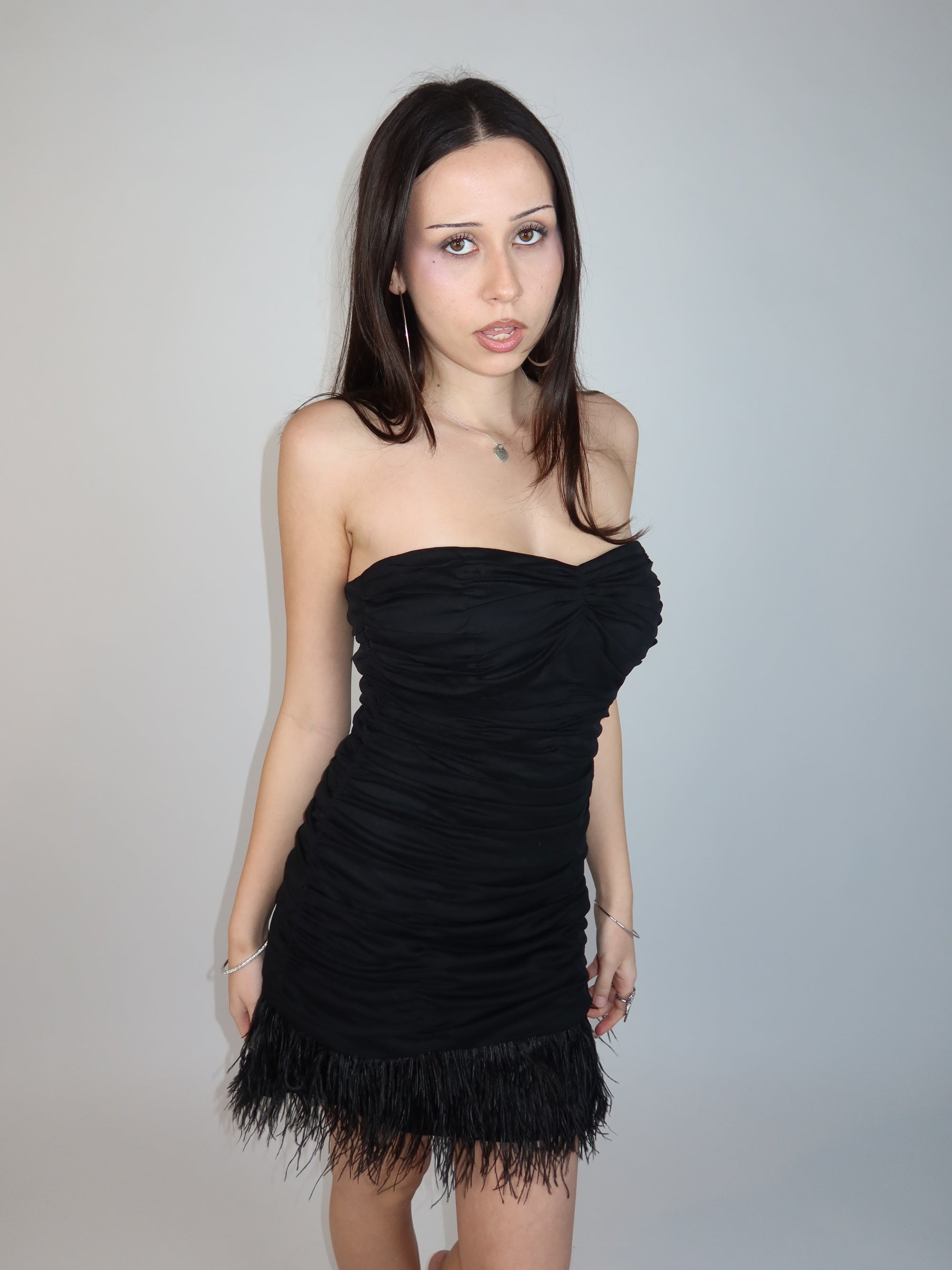 Vtg Guess Black Feather Dress M/L