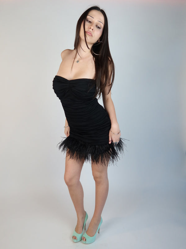 Vintage Guess black feather dress, Y2K resale clothing at Brat's Closet.