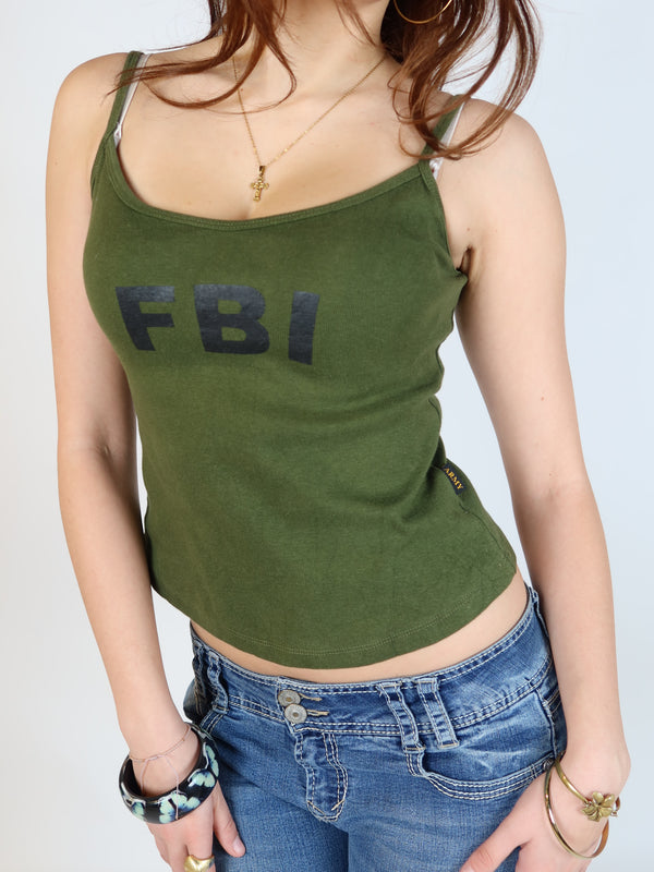 Vintage Y2K FBI graphic tank top, resale clothing at Brat's Closet.