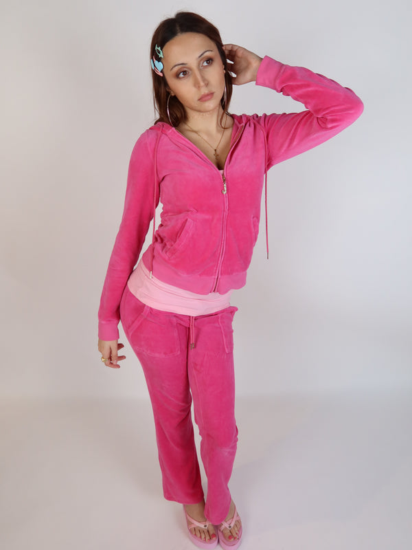 Vintage Juicy pink velour tracksuit set, Y2K resale clothing at Brat's Closet.