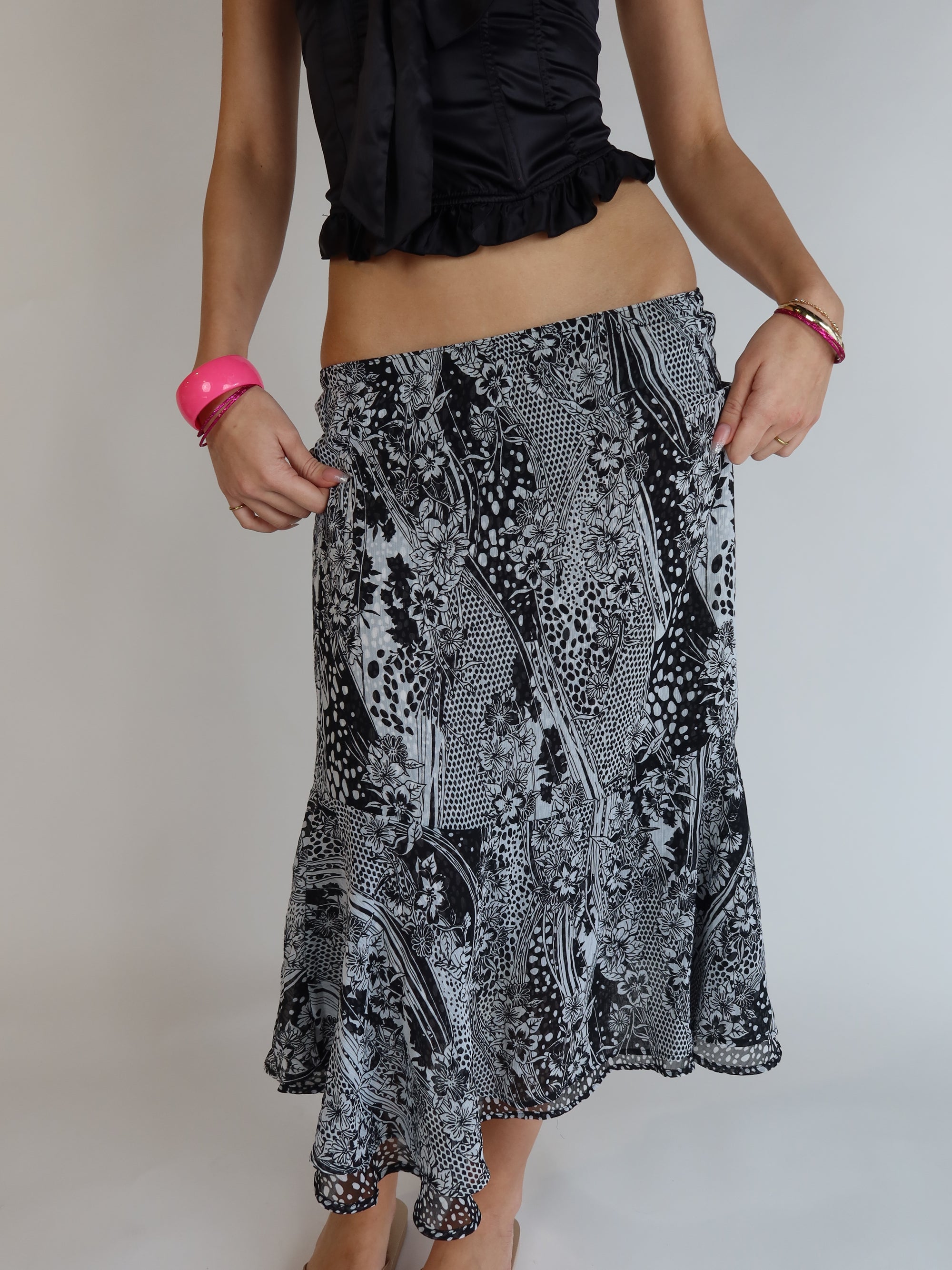 Y2K Black/White Floral Midi Skirt