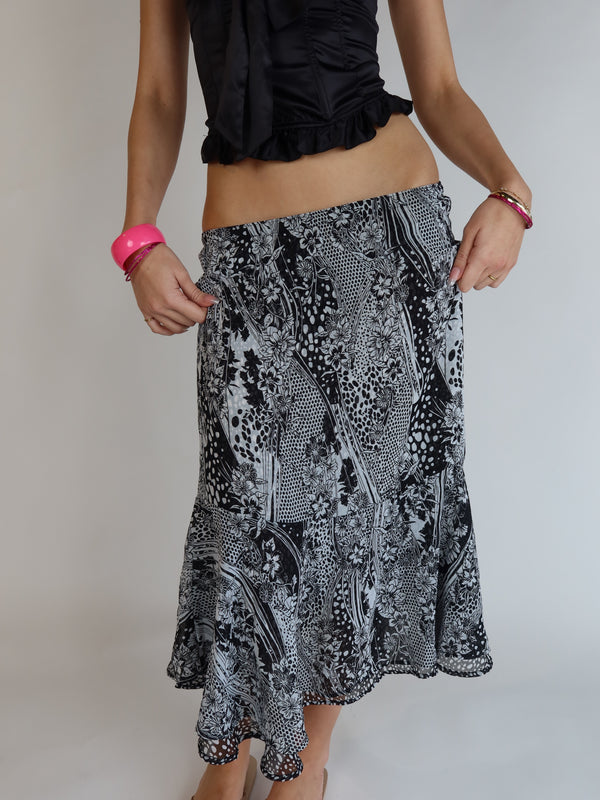 Vintage Y2K black and white floral midi skirt, Y2K resale clothing at Brat's Closet.